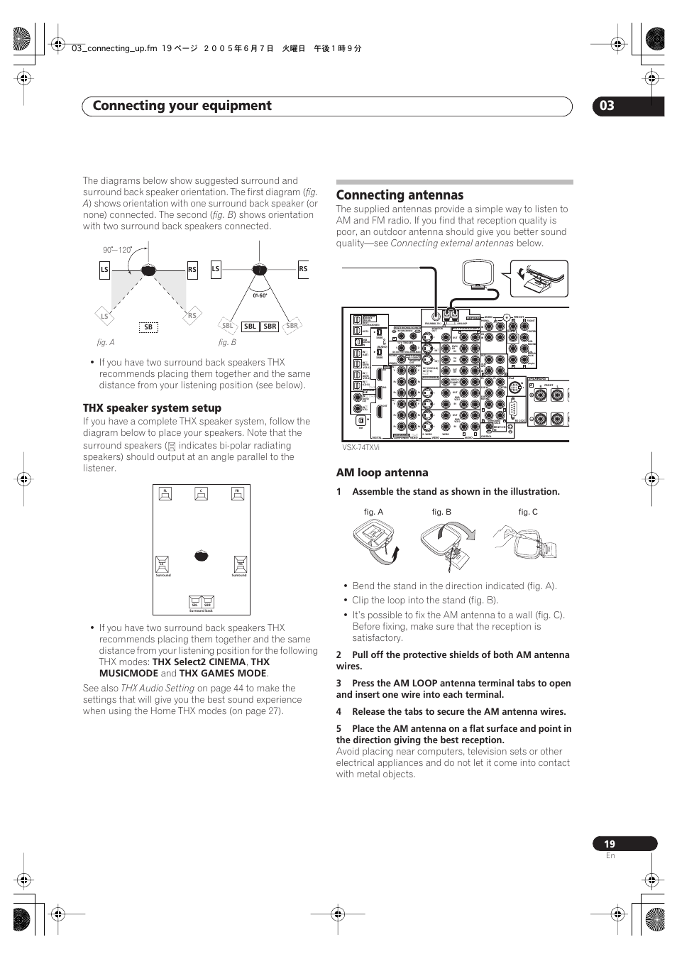 Thx speaker system setup, Connecting antennas, Am loop antenna | Connecting your equipment 03, Fig. a, Fig. b, Thx select2 cinema, Thx musicmode, Thx games mode, See also | Pioneer VSX-72TXV-S User Manual | Page 19 / 88