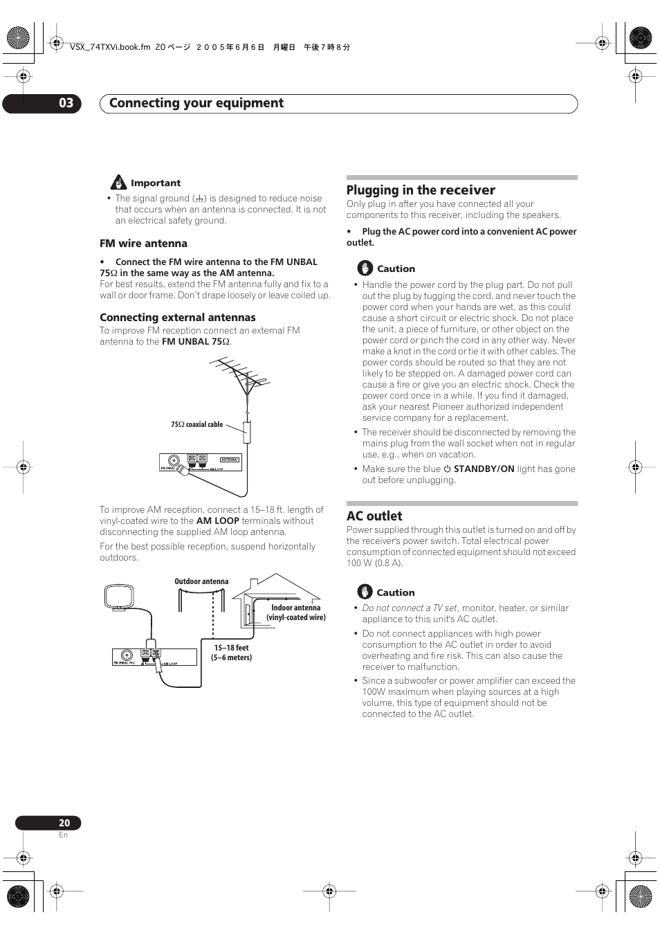 Fm wire antenna connecting external antennas, Plugging in the receiver ac outlet, Connecting your equipment 03 | Plugging in the receiver, Ac outlet | Pioneer VSX-72TXV-S User Manual | Page 20 / 88