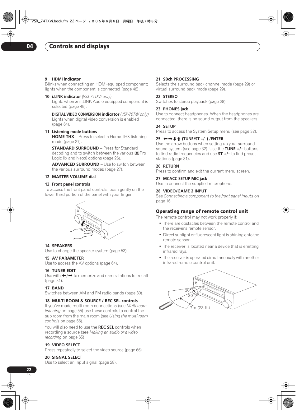 Operating range of remote control unit, Controls and displays 04 | Pioneer VSX-72TXV-S User Manual | Page 22 / 88