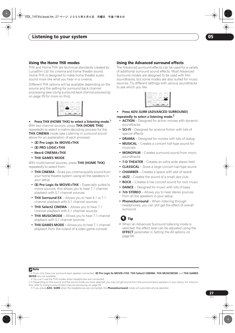 Listening to your system 05, Using the home thx modes, Using the advanced surround effects | Pioneer VSX-72TXV-S User Manual | Page 27 / 88