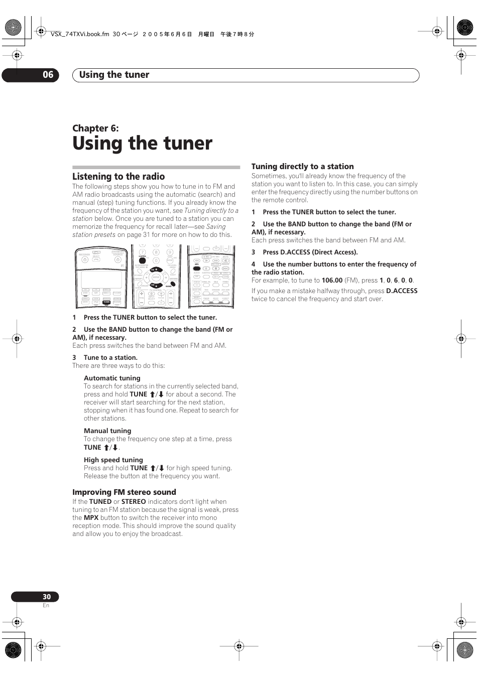 06 using the tuner, Listening to the radio, Using the tuner | Using the tuner 06, Chapter 6, Improving fm stereo sound, Tuning directly to a station | Pioneer VSX-72TXV-S User Manual | Page 30 / 88