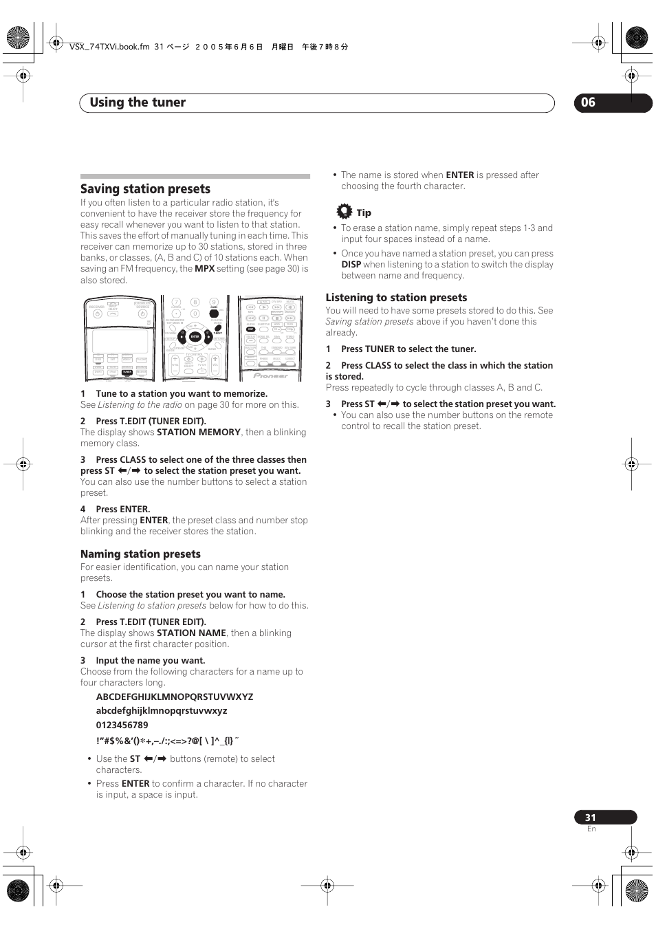 Saving station presets, Using the tuner 06, Naming station presets | Listening to station presets | Pioneer VSX-72TXV-S User Manual | Page 31 / 88