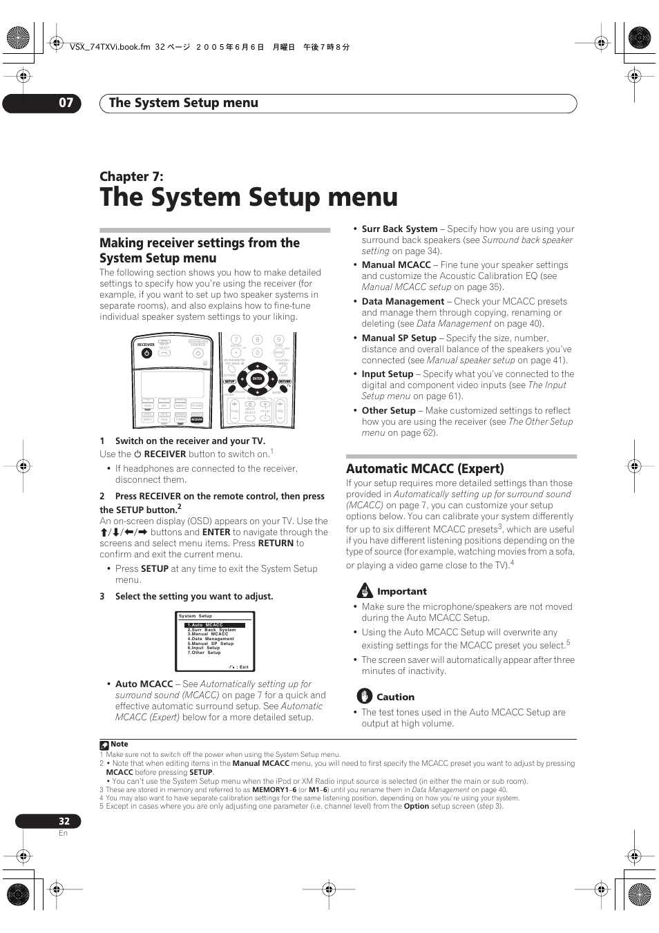 07 the system setup menu, The system setup menu, The system setup menu 07 | Chapter 7, Automatic mcacc (expert) | Pioneer VSX-72TXV-S User Manual | Page 32 / 88