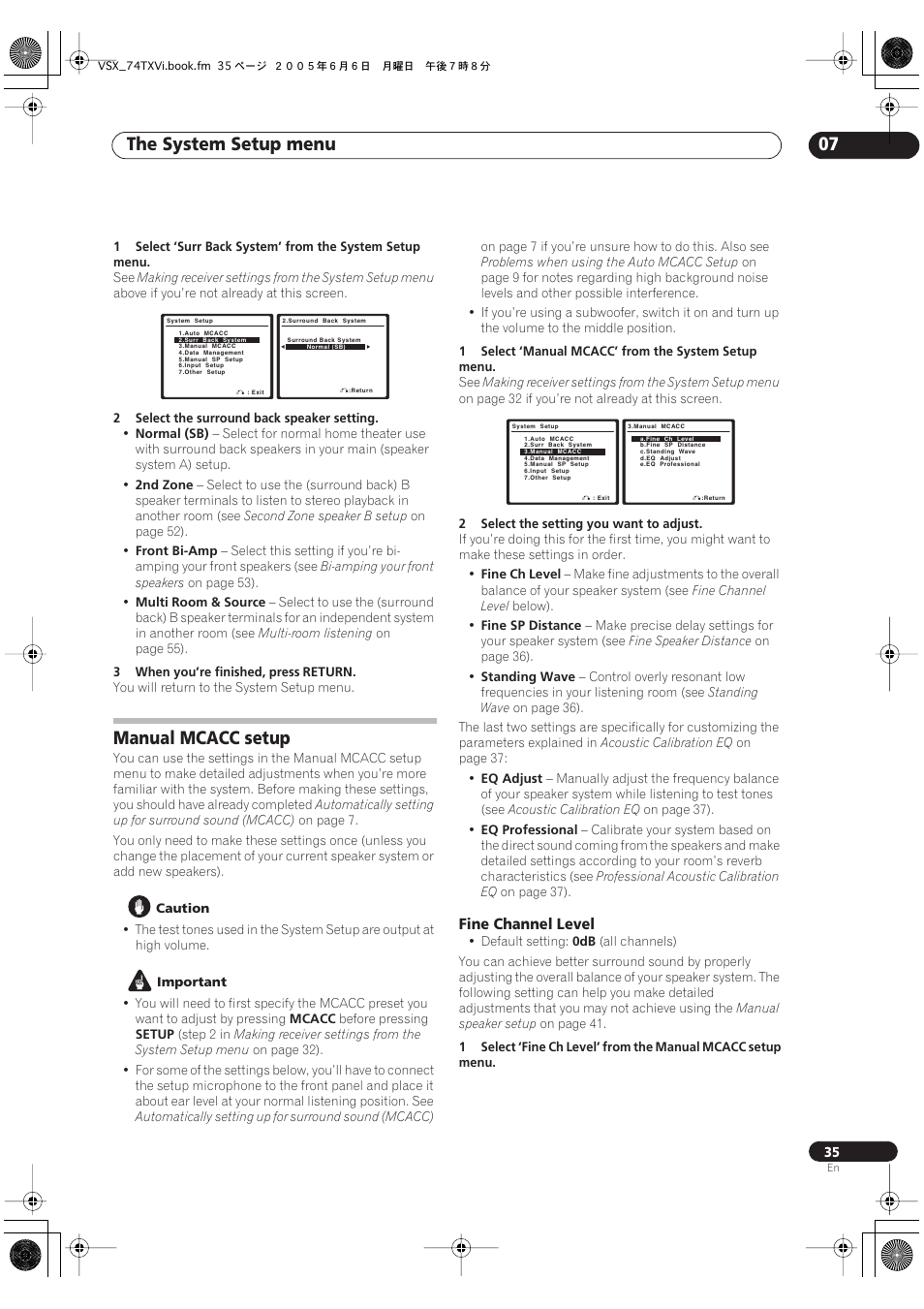 Manual mcacc setup, Fine channel level, The system setup menu 07 | Pioneer VSX-72TXV-S User Manual | Page 35 / 88