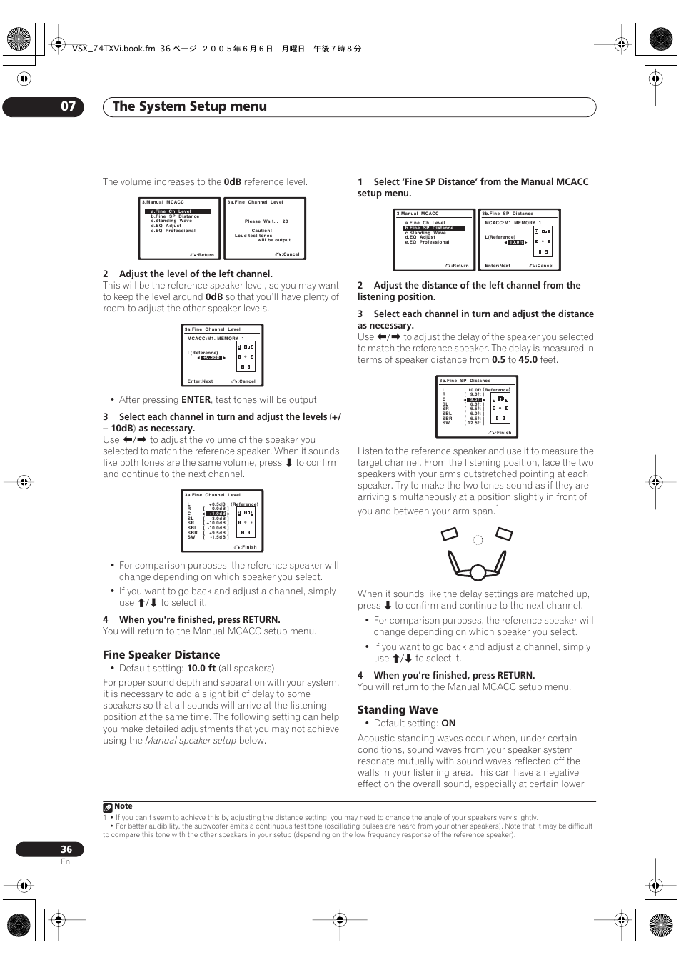 Fine speaker distance standing wave, The system setup menu 07, Fine speaker distance | Standing wave | Pioneer VSX-72TXV-S User Manual | Page 36 / 88