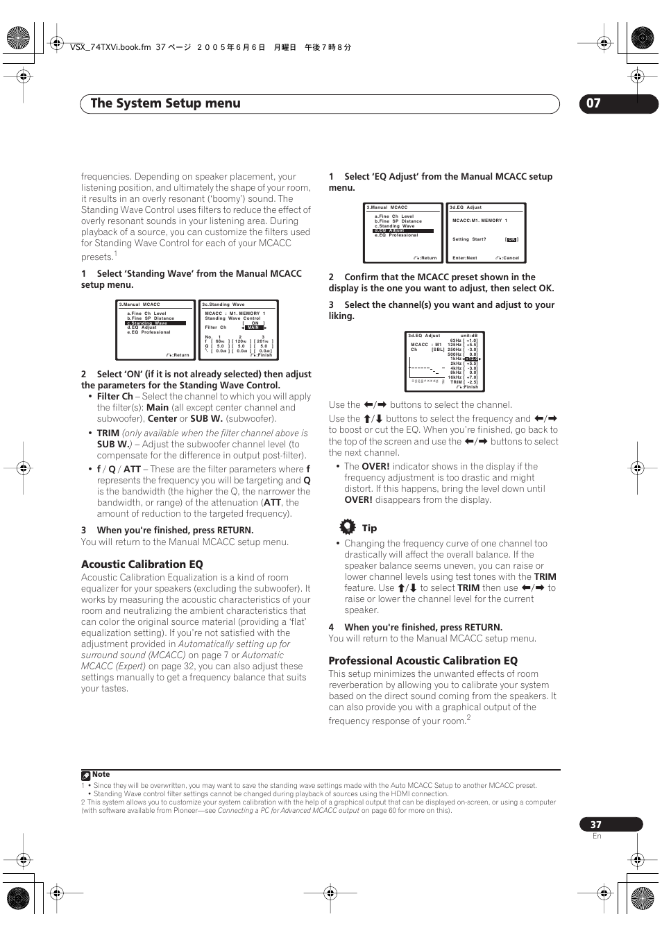 The system setup menu 07, Acoustic calibration eq, Professional acoustic calibration eq | Pioneer VSX-72TXV-S User Manual | Page 37 / 88