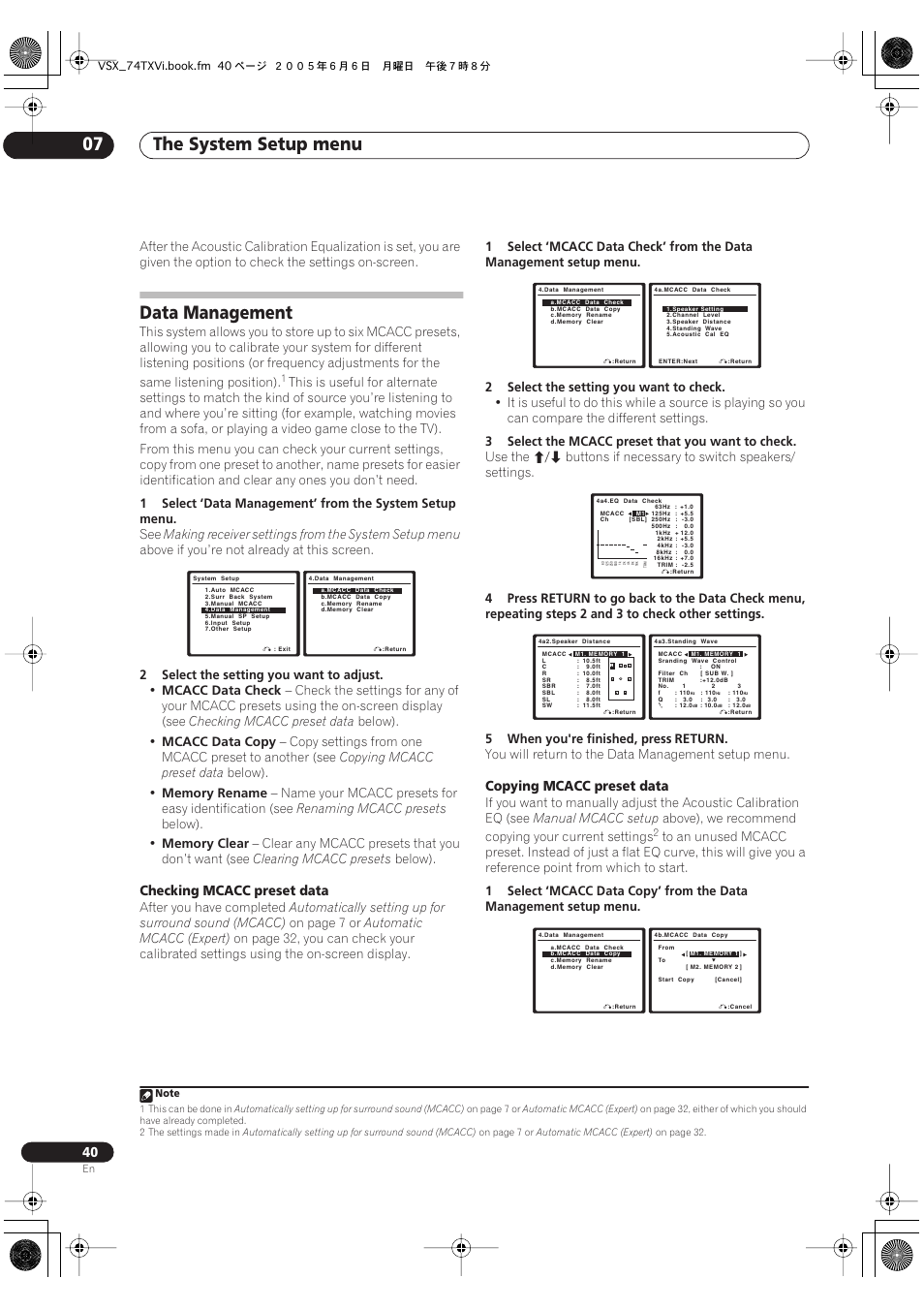 Data management, The system setup menu 07, Checking mcacc preset data | Copying mcacc preset data | Pioneer VSX-72TXV-S User Manual | Page 40 / 88