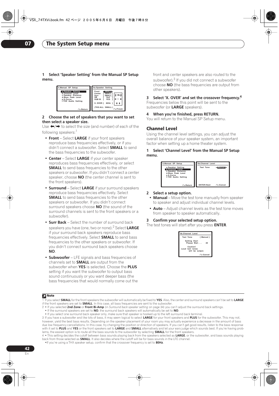 Channel level, The system setup menu 07 | Pioneer VSX-72TXV-S User Manual | Page 42 / 88