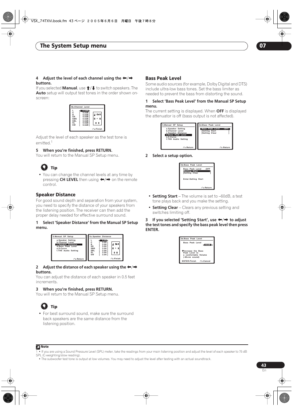 Speaker distance bass peak level, The system setup menu 07, Speaker distance | Bass peak level | Pioneer VSX-72TXV-S User Manual | Page 43 / 88
