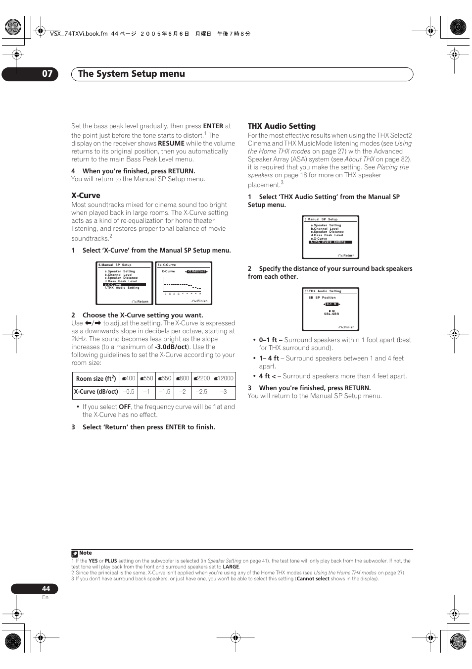 X-curve thx audio setting, The system setup menu 07, X-curve | Thx audio setting | Pioneer VSX-72TXV-S User Manual | Page 44 / 88