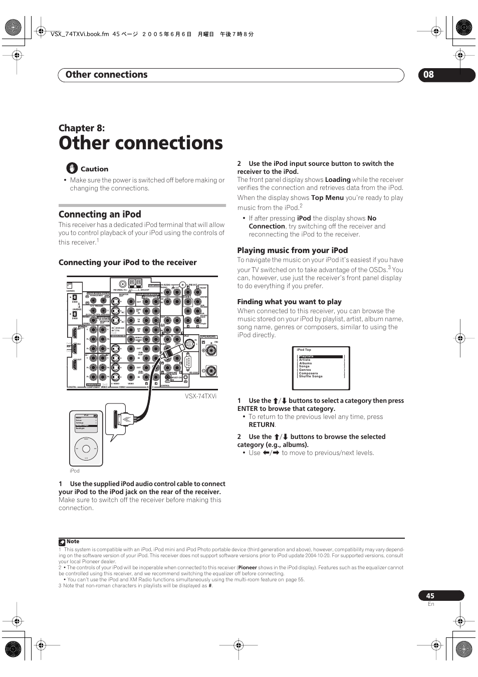 08 other connections, Connecting an ipod, Other connections | Other connections 08, Chapter 8, Connecting your ipod to the receiver, Playing music from your ipod, Finding what you want to play, Caution, Ipod | Pioneer VSX-72TXV-S User Manual | Page 45 / 88