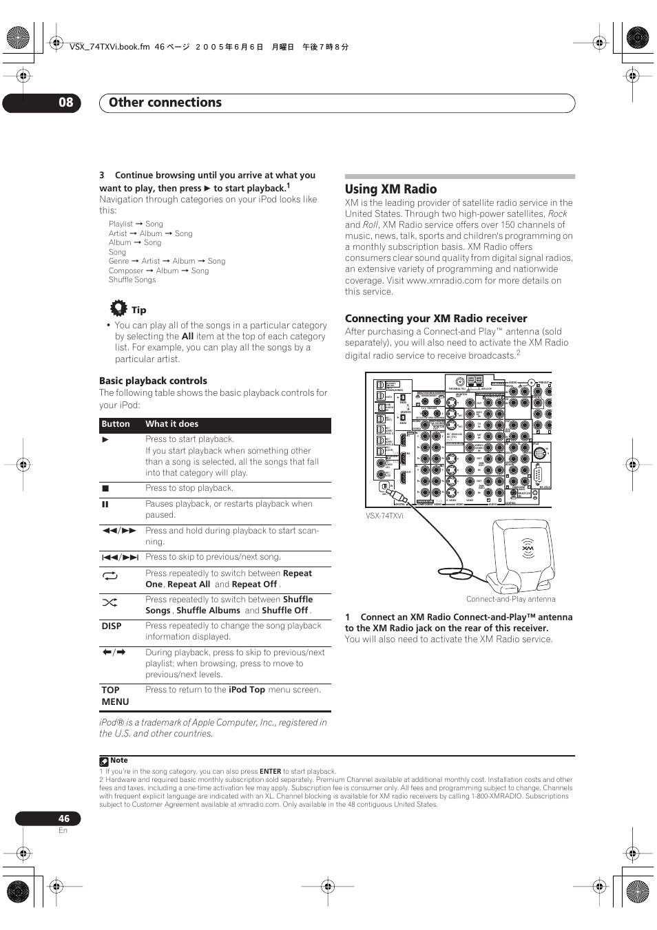 Using xm radio, Connecting your xm radio receiver, Other connections 08 | Basic playback controls, Rock, Roll, Disp, Top menu, Button what it does, Press to stop playback | Pioneer VSX-72TXV-S User Manual | Page 46 / 88