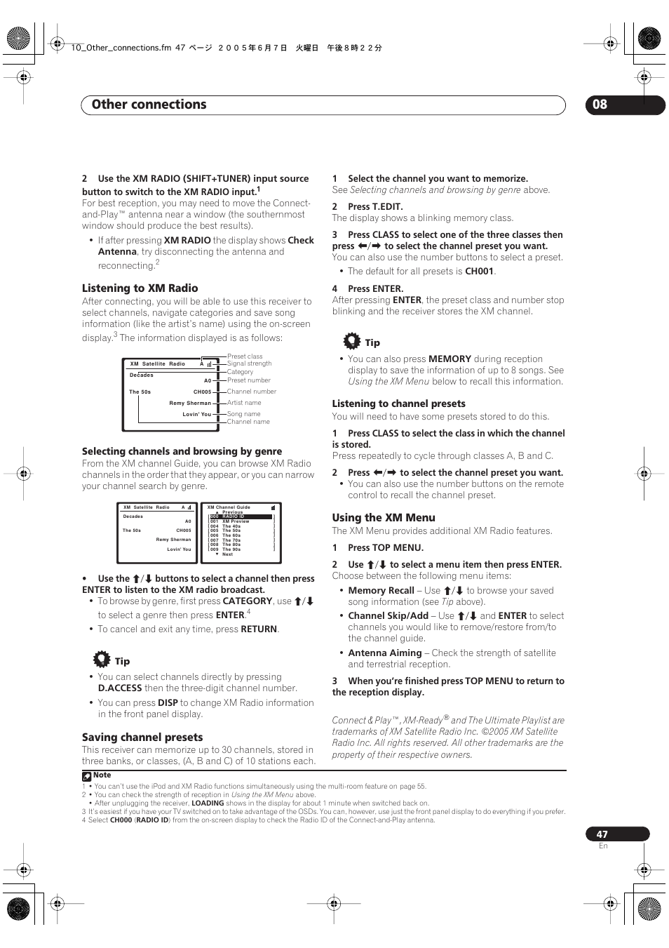 Other connections 08, Listening to xm radio, Saving channel presets | Using the xm menu | Pioneer VSX-72TXV-S User Manual | Page 47 / 88