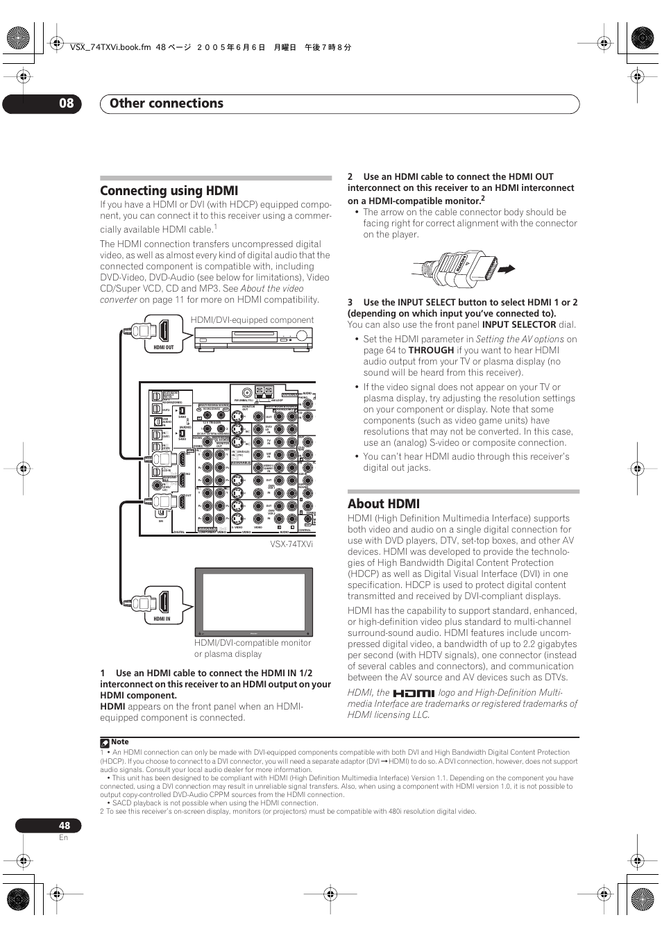 Connecting using hdmi about hdmi, Other connections 08, Connecting using hdmi | About hdmi, About the video converter, On page 11 for more on hdmi compatibility, Hdmi, You can also use the front panel, Input selector, Dial. • set the hdmi parameter in | Pioneer VSX-72TXV-S User Manual | Page 48 / 88