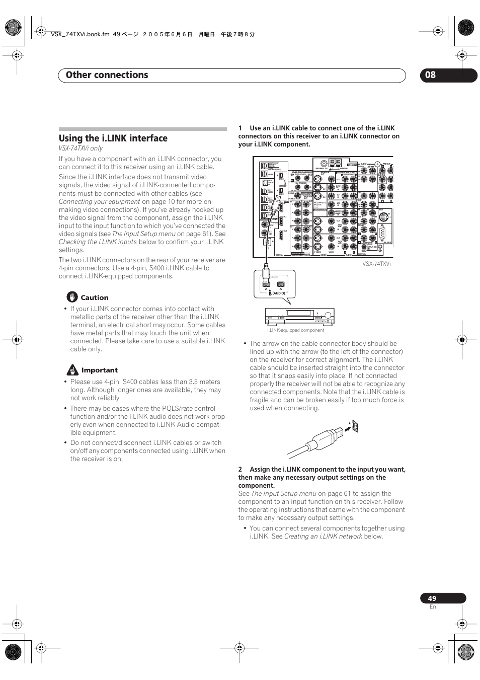 Using the i.link interface, Other connections 08, Vsx-74txvi only | Connecting your equipment, The input setup menu, On page 61). see, Checking the i.link inputs, Caution, Important, Creating an i.link network | Pioneer VSX-72TXV-S User Manual | Page 49 / 88