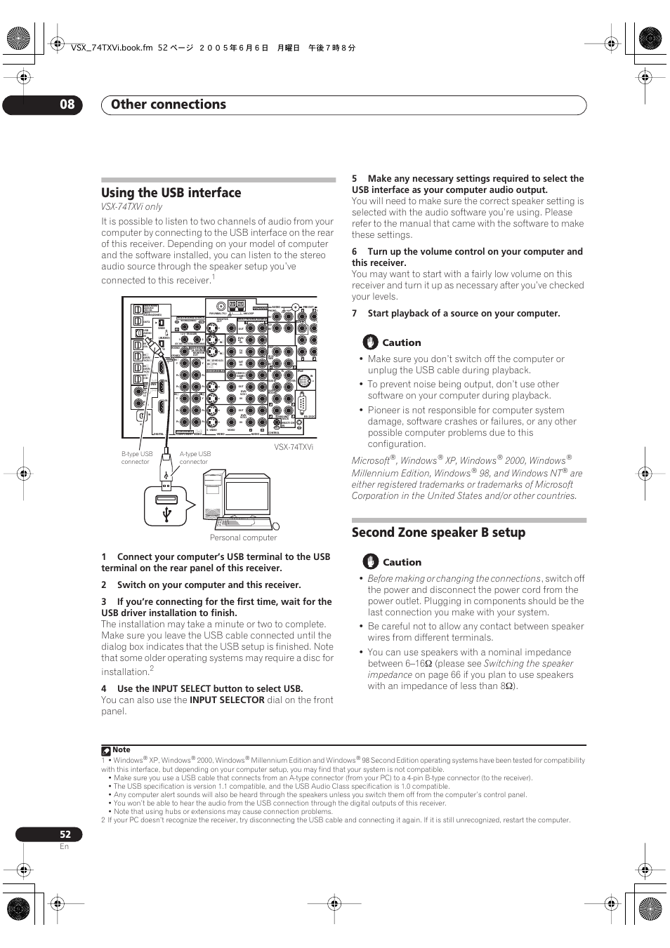 Other connections 08, Using the usb interface, Second zone speaker b setup | Vsx-74txvi only, 4use the input select button to select usb, You can also use the, Input selector, Dial on the front panel, 7start playback of a source on your computer, Caution | Pioneer VSX-72TXV-S User Manual | Page 52 / 88