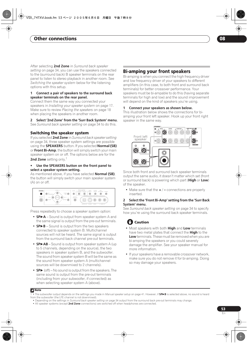 Switching the speaker system, Bi-amping your front speakers, Other connections 08 | Pioneer VSX-72TXV-S User Manual | Page 53 / 88