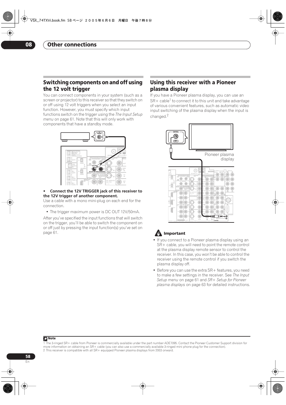 Other connections 08, Using this receiver with a pioneer plasma display, Pioneer plasma display | The input setup menu, Important, On page 61 and, Sr+ setup for pioneer plasma displays, On page 63 for detailed instructions, Vsx_74txvi.book.fm 58 ページ 2005年6月6日 月曜日 午後7時8分 | Pioneer VSX-72TXV-S User Manual | Page 58 / 88