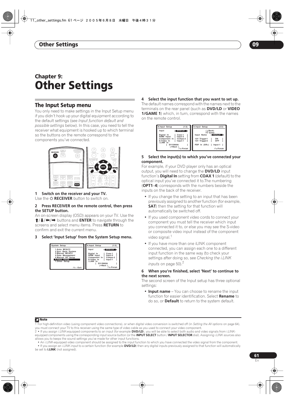 09 other settings, The input setup menu, Other settings | Other settings 09, Chapter 9 | Pioneer VSX-72TXV-S User Manual | Page 61 / 88