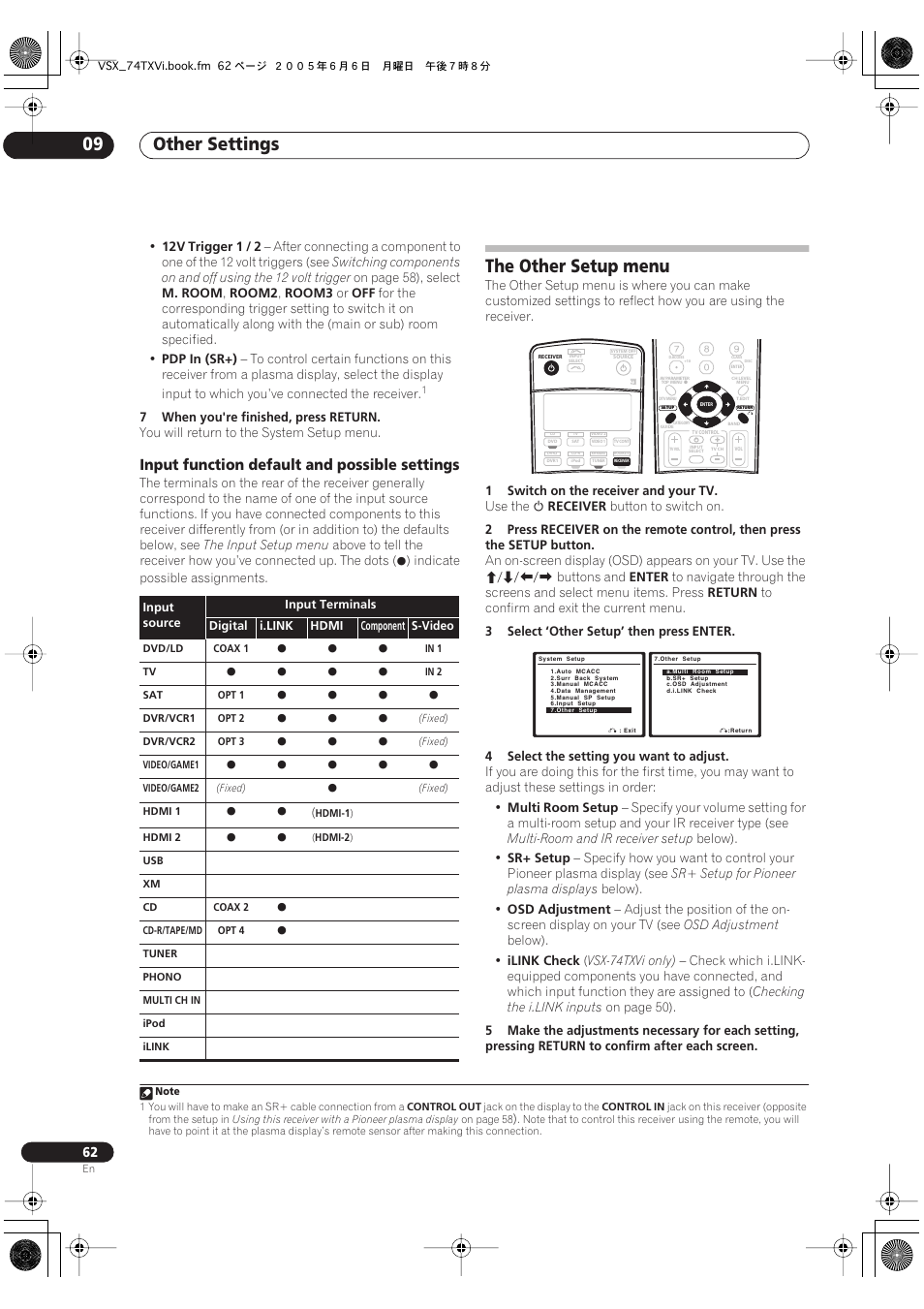 Input function default and possible settings, The other setup menu, Other settings 09 | Pioneer VSX-72TXV-S User Manual | Page 62 / 88