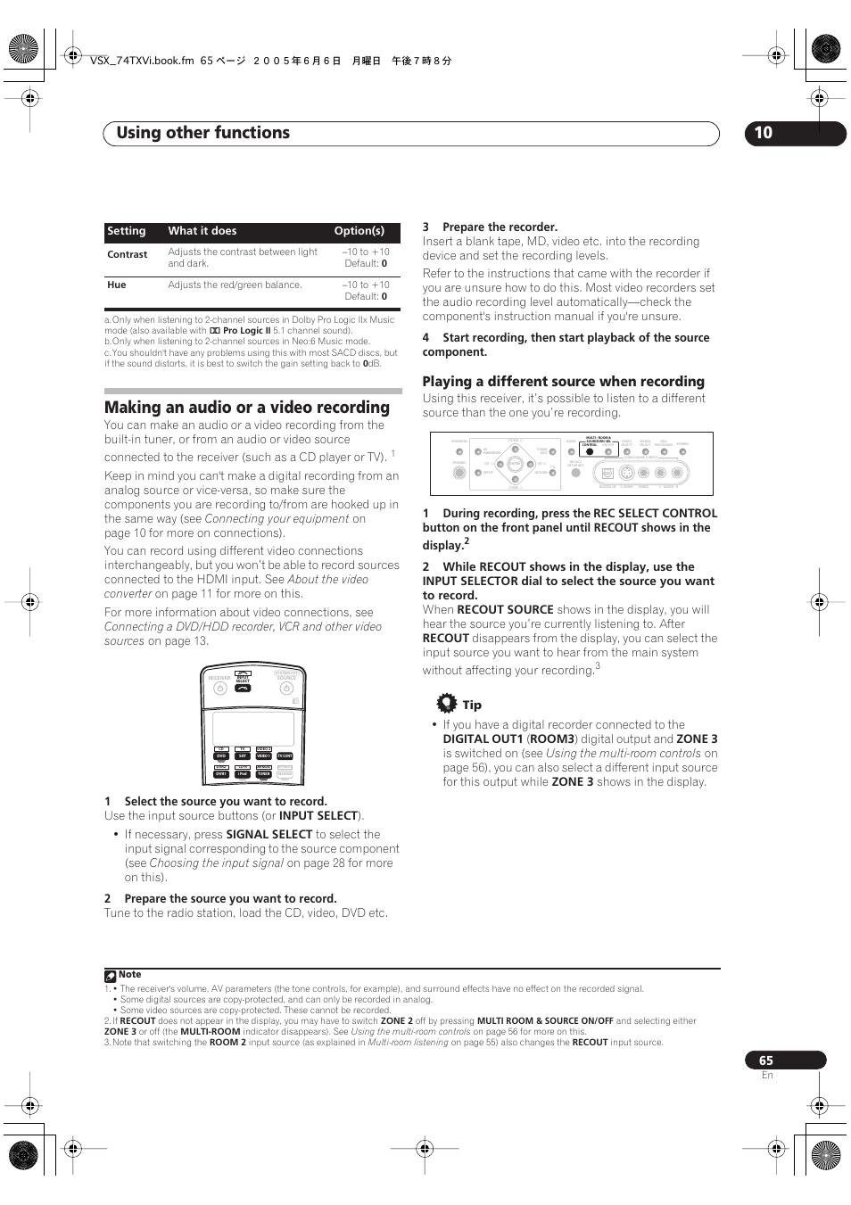 Making an audio or a video recording, Playing a different source when recording, Using other functions 10 | Pioneer VSX-72TXV-S User Manual | Page 65 / 88