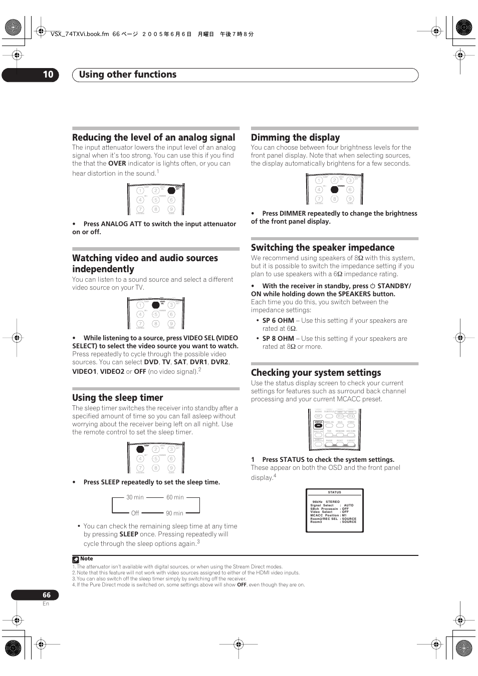 Using other functions 10, Reducing the level of an analog signal, Watching video and audio sources independently | Using the sleep timer, Dimming the display, Switching the speaker impedance, Checking your system settings | Pioneer VSX-72TXV-S User Manual | Page 66 / 88