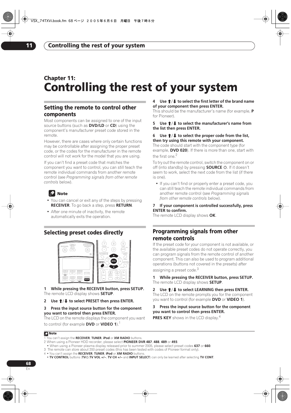 11 controlling the rest of your system, Controlling the rest of your system, Controlling the rest of your system 11 | Chapter 11, Setting the remote to control other components, Selecting preset codes directly, Programming signals from other remote controls | Pioneer VSX-72TXV-S User Manual | Page 68 / 88