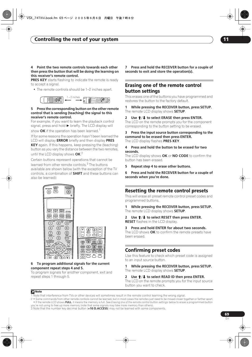 Controlling the rest of your system 11, Erasing one of the remote control button settings, Resetting the remote control presets | Confirming preset codes | Pioneer VSX-72TXV-S User Manual | Page 69 / 88