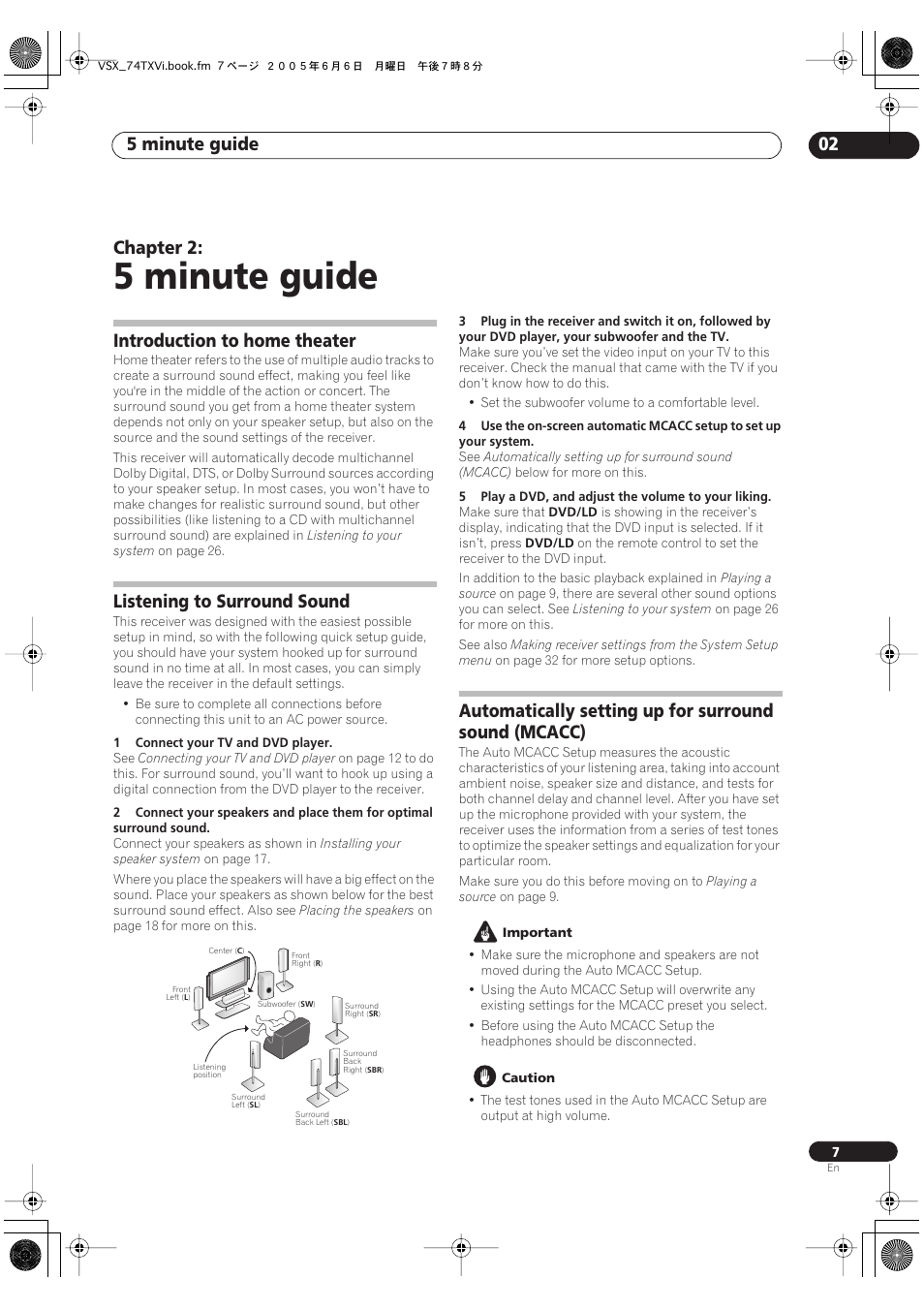 02 5 minute guide, 5 minute guide, 5 minute guide 02 | Chapter 2, Introduction to home theater, Listening to surround sound | Pioneer VSX-72TXV-S User Manual | Page 7 / 88