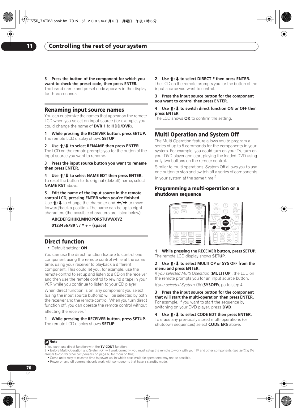 Controlling the rest of your system 11, Renaming input source names, Direct function | Multi operation and system off | Pioneer VSX-72TXV-S User Manual | Page 70 / 88