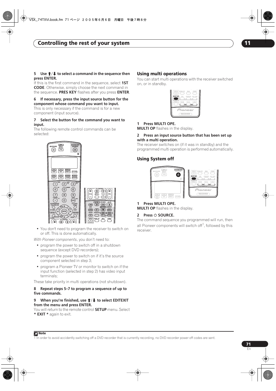 Using multi operations using system off, Controlling the rest of your system 11, Using multi operations | Using system off, 5use, Enter, 1st code, Pres key, Flashes after you press, With pioneer components | Pioneer VSX-72TXV-S User Manual | Page 71 / 88