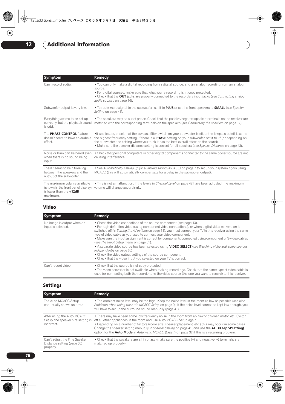 Video settings, Additional information 12 | Pioneer VSX-72TXV-S User Manual | Page 76 / 88