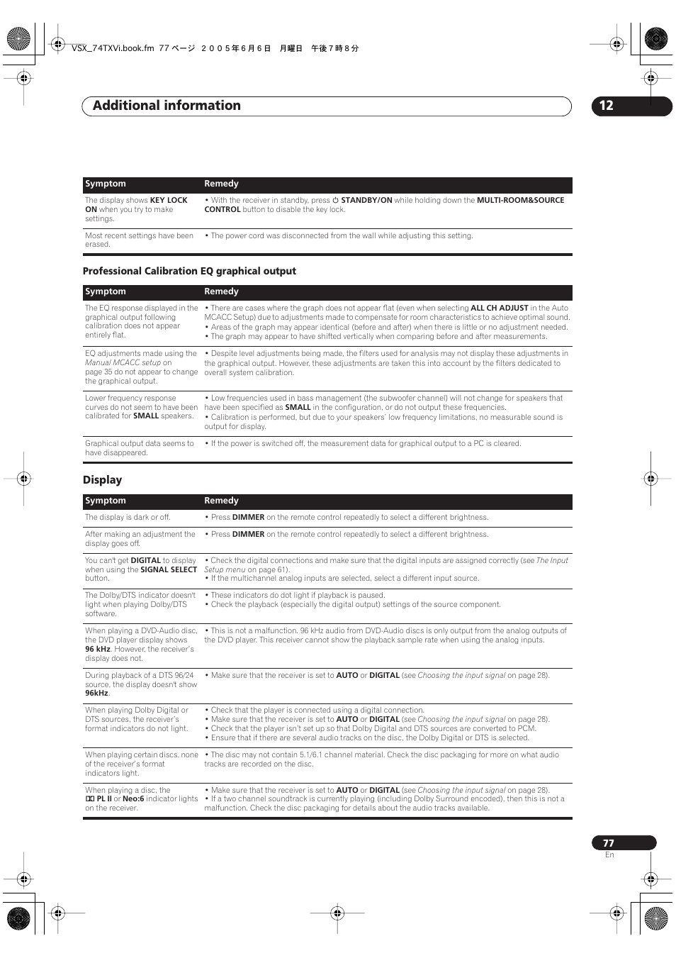 Display, Additional information 12 | Pioneer VSX-72TXV-S User Manual | Page 77 / 88