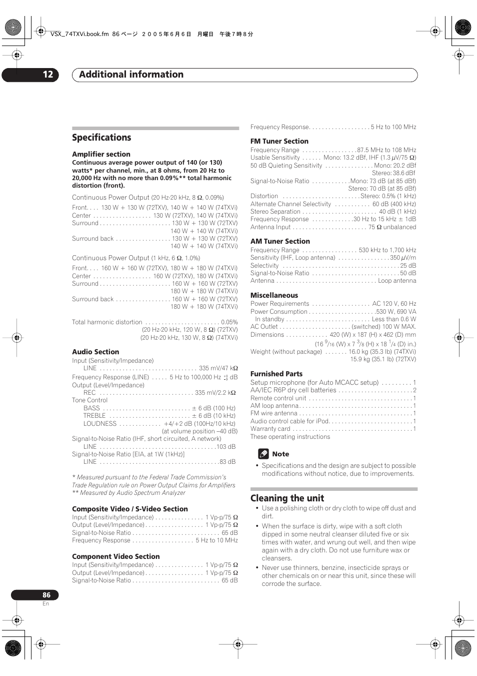 Specifications cleaning the unit, Additional information 12, Specifications | Cleaning the unit | Pioneer VSX-72TXV-S User Manual | Page 86 / 88