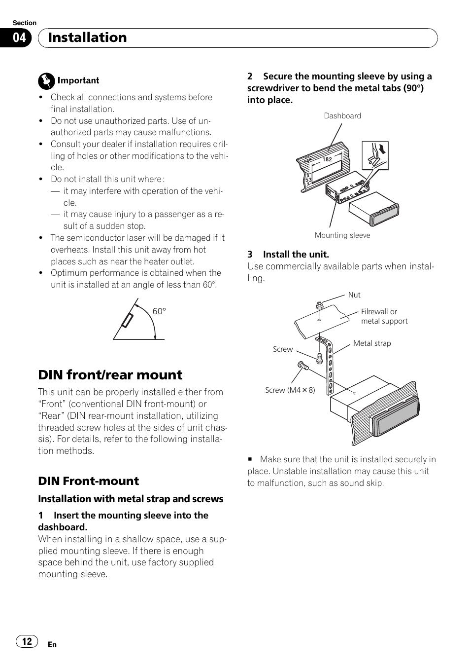Installation din front/rear mount, Din front-mount 12, Din front/rear mount | Installation, Din front-mount | Pioneer DEH-11E User Manual | Page 12 / 49