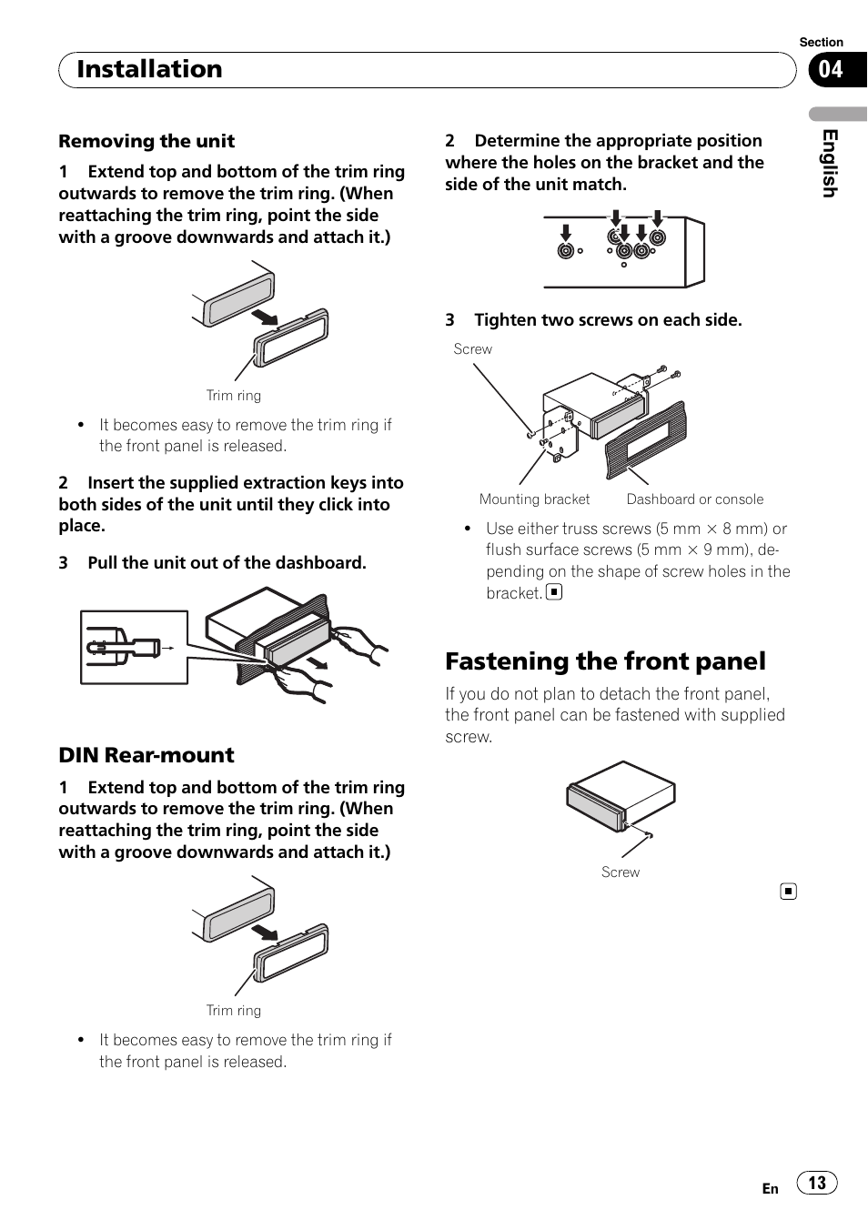 Din rear-mount 13, Fastening the front panel, Installation | Din rear-mount | Pioneer DEH-11E User Manual | Page 13 / 49