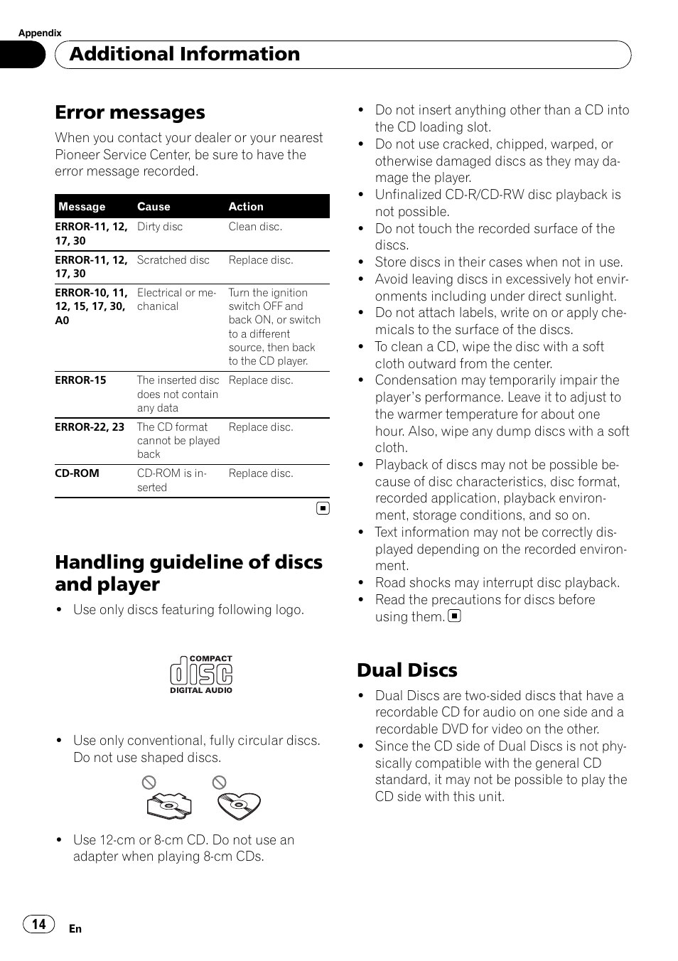 Additional information error messages, Handling guideline of discs and player, Dual discs | Error messages, Additional information | Pioneer DEH-11E User Manual | Page 14 / 49