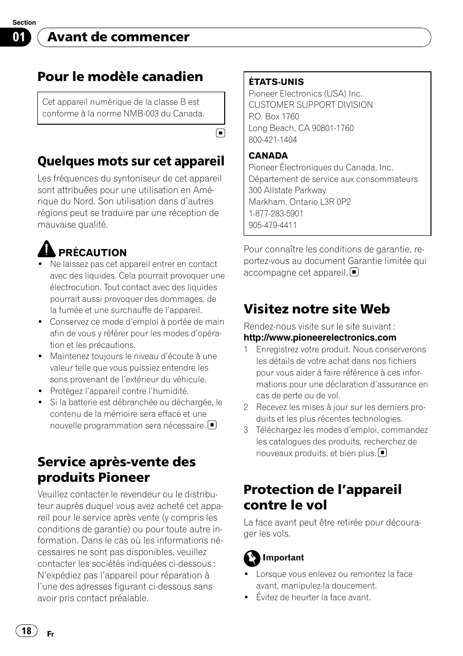 Avant de commencer, Pour le modèle canadien, Quelques mots sur cet appareil | Service après-vente des produits pioneer, Visitez notre site web, Protection de l, Appareil contre le vol 18, Protection de l ’appareil contre le vol | Pioneer DEH-11E User Manual | Page 18 / 49