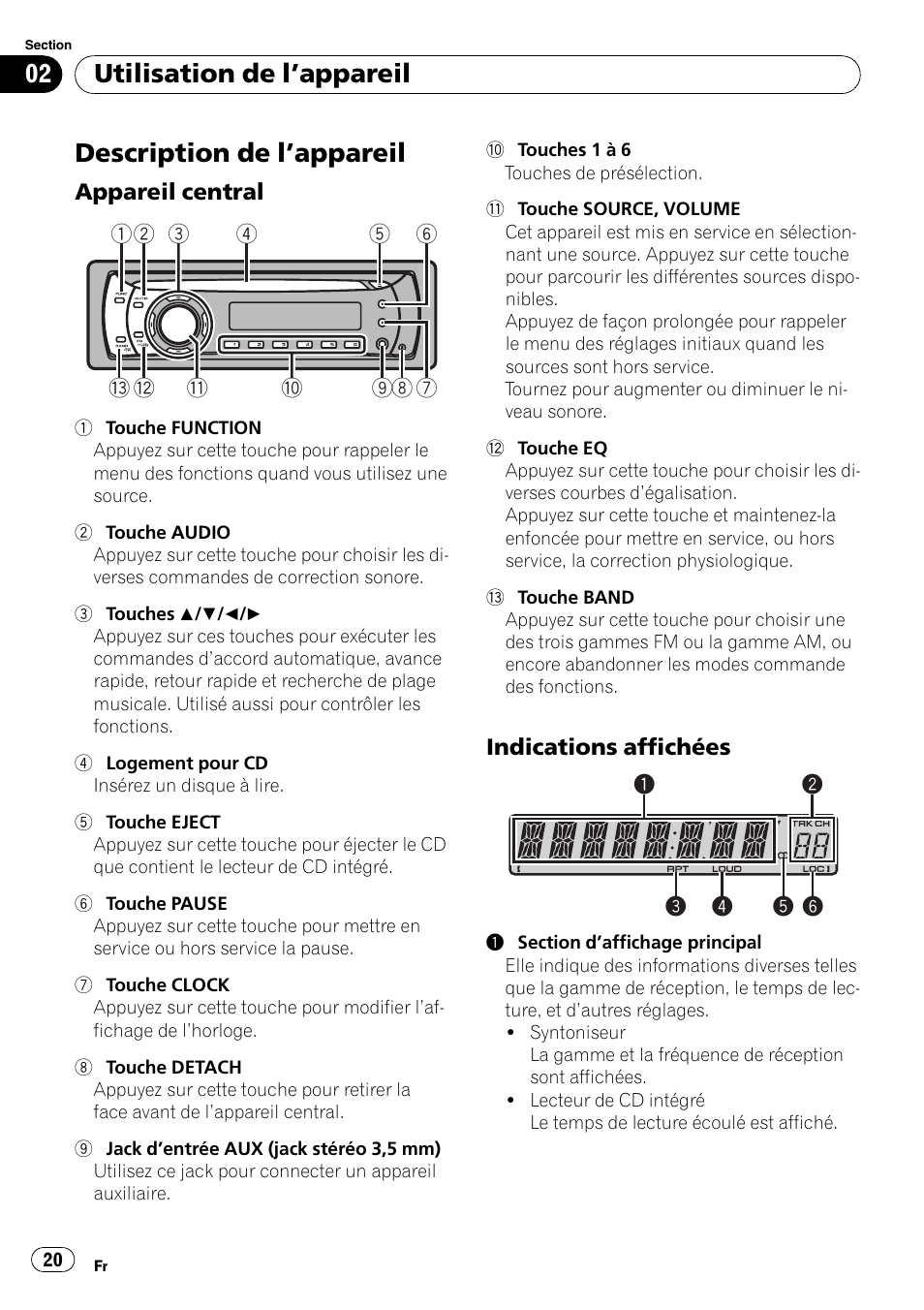 Utilisation de l, Appareil, Description de l | Appareil 20, Appareil central 20, Indications affichées 20, Description de l ’appareil, Utilisation de l ’appareil | Pioneer DEH-11E User Manual | Page 20 / 49