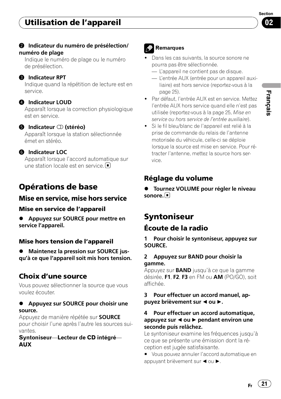 Opérations de base, Mise en service, mise hors service 21, Choix d’une source 21 | Réglage du volume 21, Syntoniseur, Écoute de la radio 21, Utilisation de l ’appareil, Mise en service, mise hors service, Choix d ’une source, Réglage du volume | Pioneer DEH-11E User Manual | Page 21 / 49