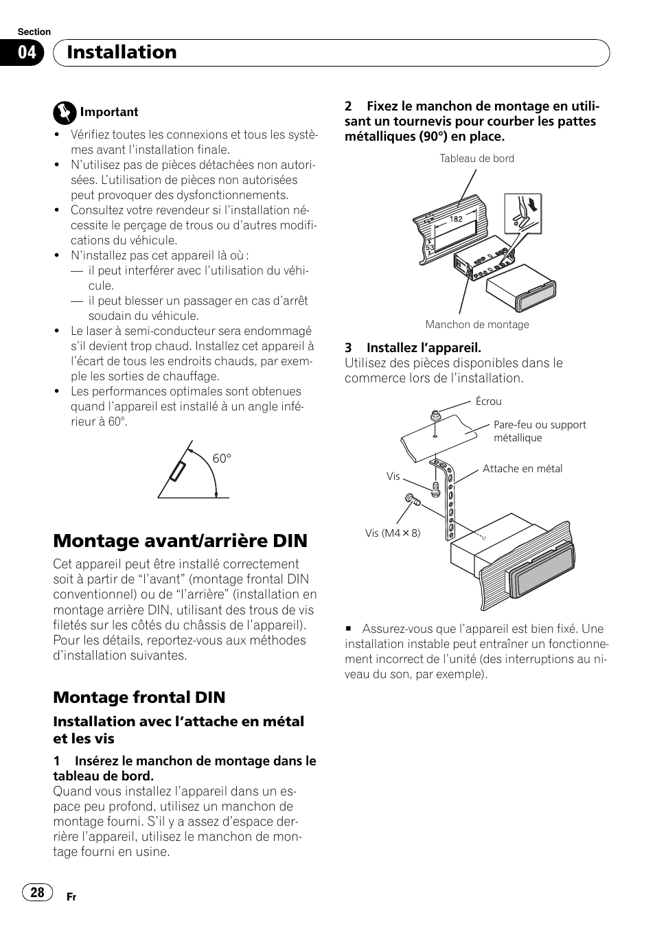 Installation montage avant/arrière din, Montage frontal din 28, Montage avant/arrière din | Installation, Montage frontal din | Pioneer DEH-11E User Manual | Page 28 / 49