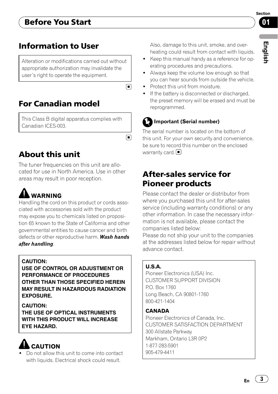 Before you start, Information to user, For canadian model | About this unit, After-sales service for pioneer products | Pioneer DEH-11E User Manual | Page 3 / 49
