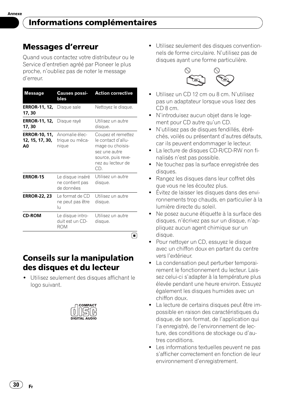 Informations complémentaires messages d, Erreur 30, Conseils sur la manipulation des disques et | Du lecteur, Ges d, Erreur, Messages d ’erreur, Informations complémentaires | Pioneer DEH-11E User Manual | Page 30 / 49