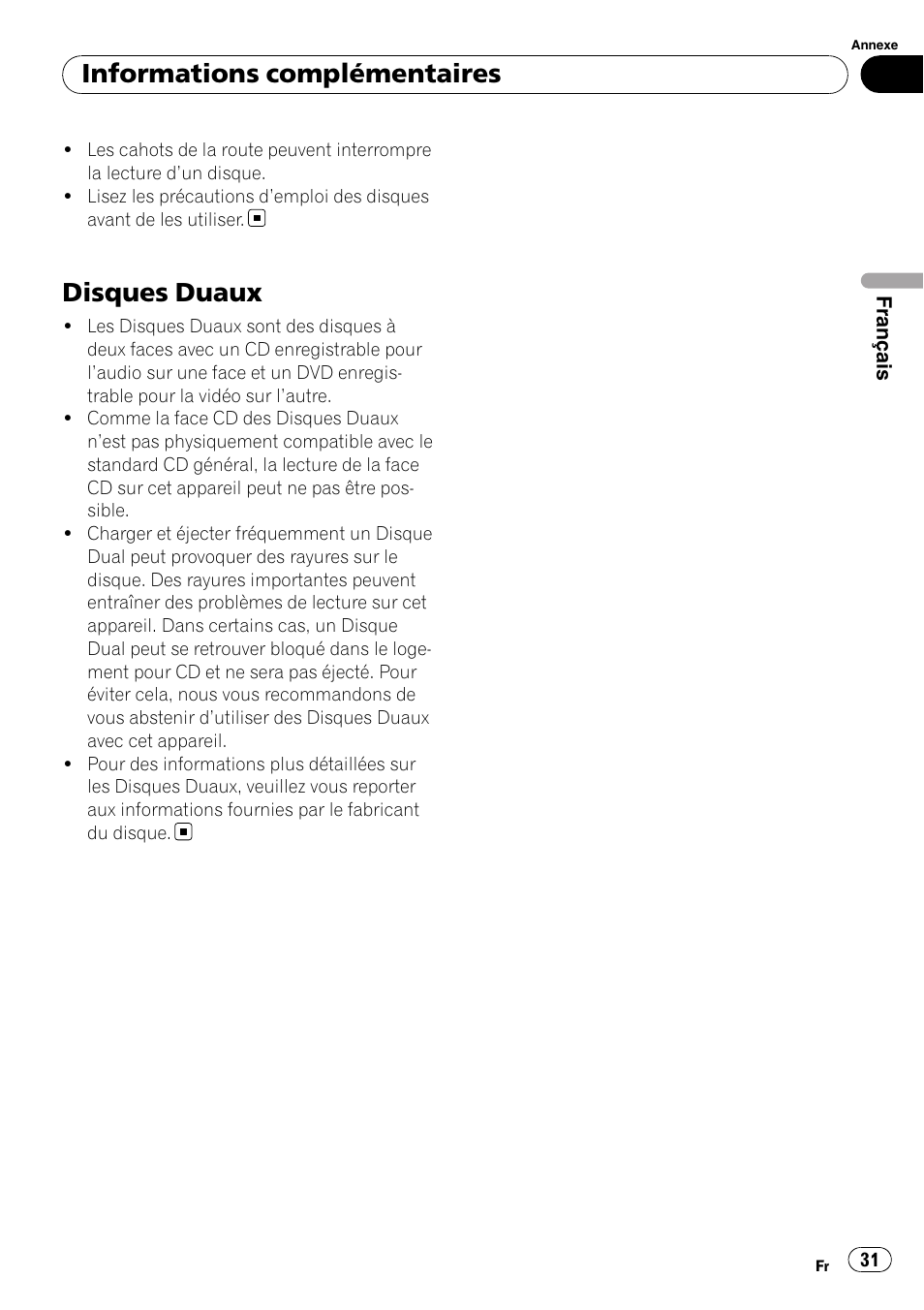 Disques duaux, Informations complémentaires | Pioneer DEH-11E User Manual | Page 31 / 49