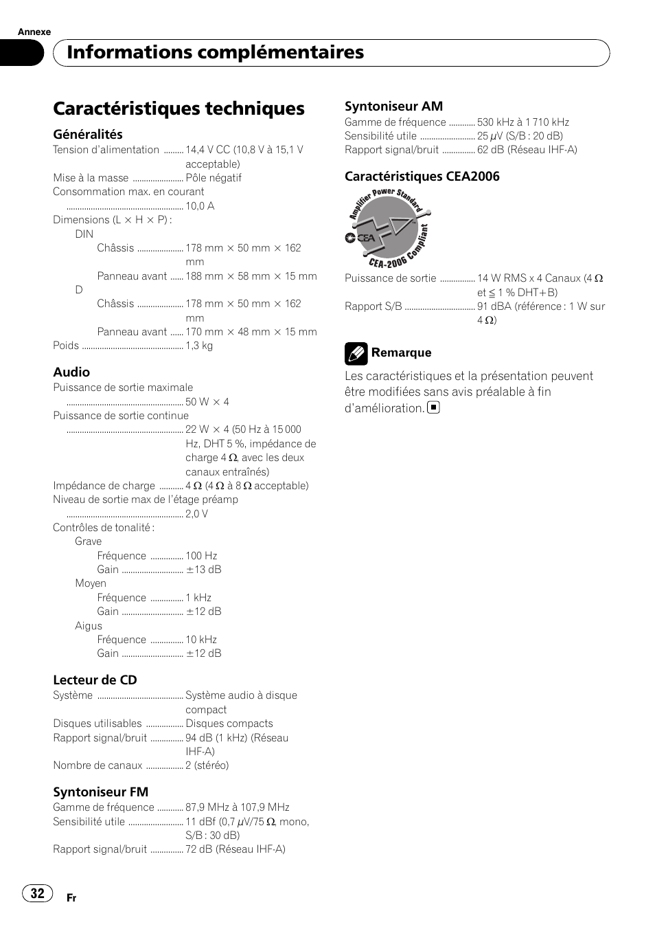 Caractéristiques techniques, Informations complémentaires | Pioneer DEH-11E User Manual | Page 32 / 49