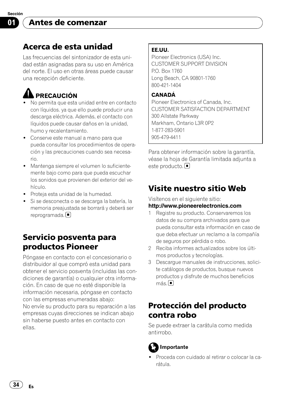 Antes de comenzar, Acerca de esta unidad, Servicio posventa para productos | Pioneer, Visite nuestro sitio web, Protección del producto contra robo, Servicio posventa para productos pioneer | Pioneer DEH-11E User Manual | Page 34 / 49