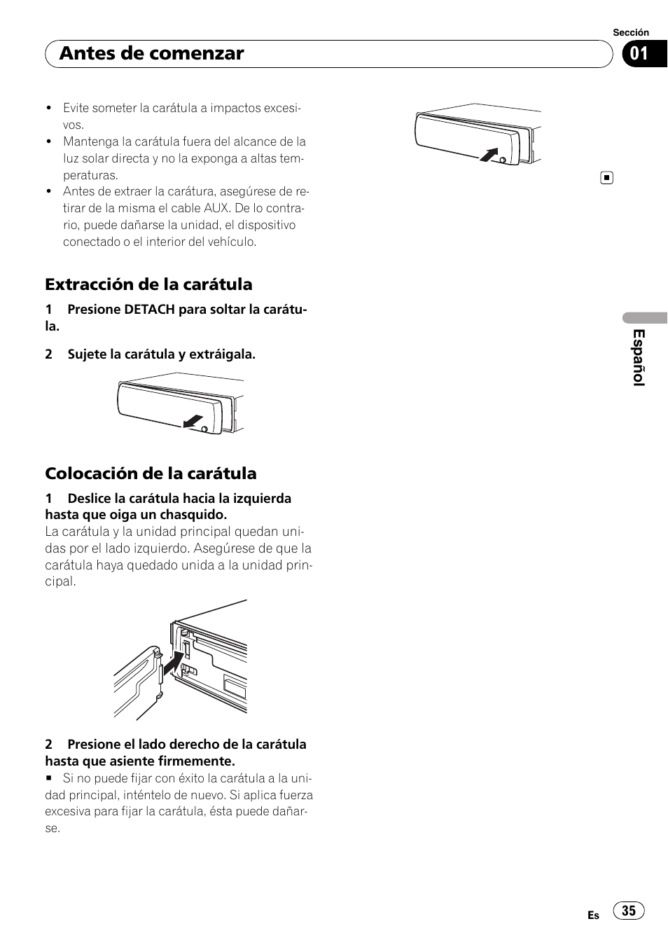 Extracción de la carátula 35, Colocación de la carátula 35, Antes de comenzar | Extracción de la carátula, Colocación de la carátula | Pioneer DEH-11E User Manual | Page 35 / 49