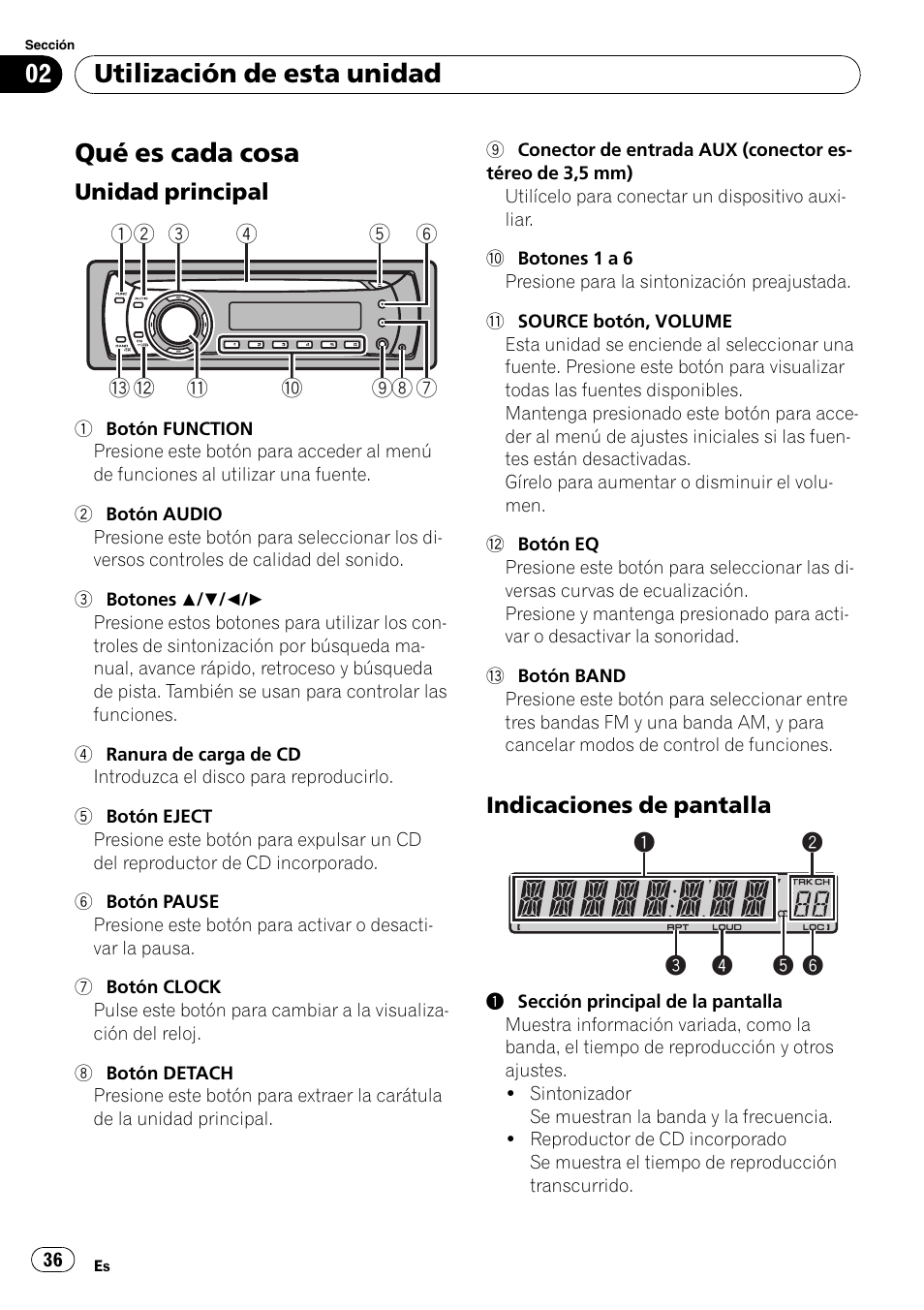 Utilización de esta unidad qué es cada cosa, Unidad principal 36, Indicaciones de pantalla 36 | Qué es cada cosa, Utilización de esta unidad | Pioneer DEH-11E User Manual | Page 36 / 49