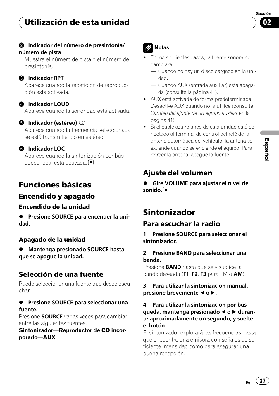 Funciones básicas, Encendido y apagado 37, Selección de una fuente 37 | Ajuste del volumen 37, Sintonizador, Para escuchar la radio 37, Utilización de esta unidad | Pioneer DEH-11E User Manual | Page 37 / 49