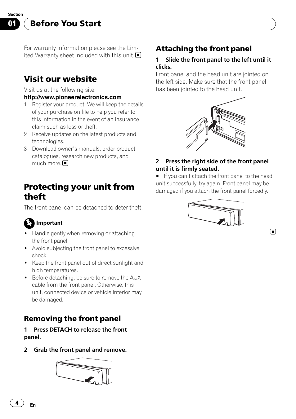 Visit our website, Protecting your unit from theft, Removing the front panel 4 | Attaching the front panel 4, Before you start, Removing the front panel, Attaching the front panel | Pioneer DEH-11E User Manual | Page 4 / 49